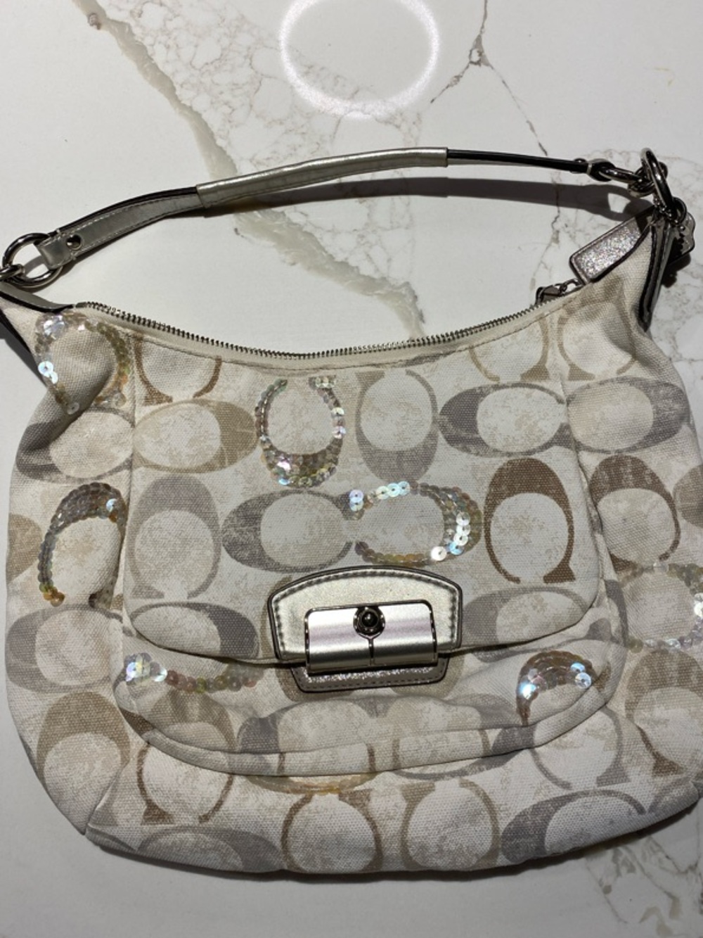 Coach Sequin Signature Hobo Shoulder Bag in Cream and Beige